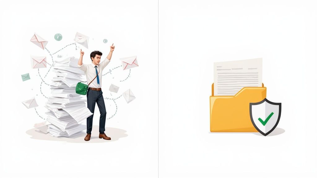 Illustration showing a man overwhelmed by many physical documents and mail, contrasted with a secure digital folder.