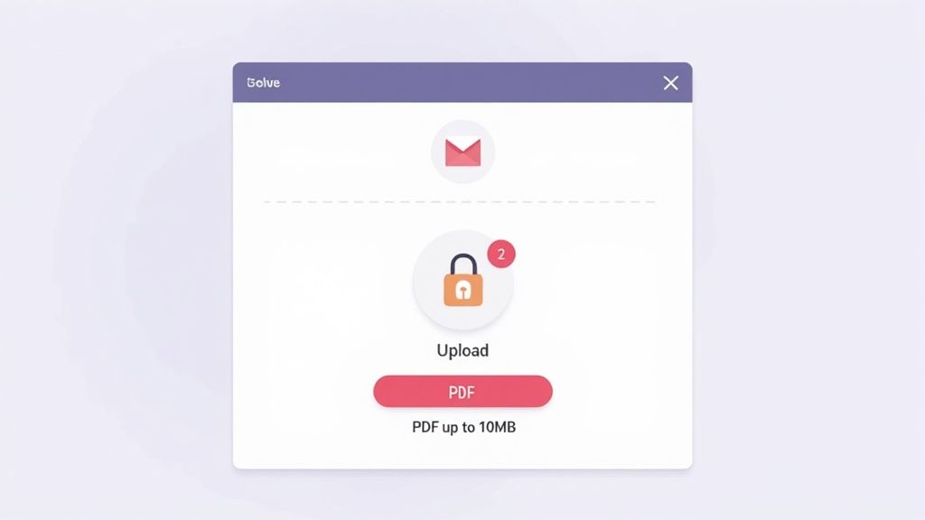 User interface for secure PDF document upload, featuring an email icon, a locked padlock, and a 'PDF up to 10MB' button.