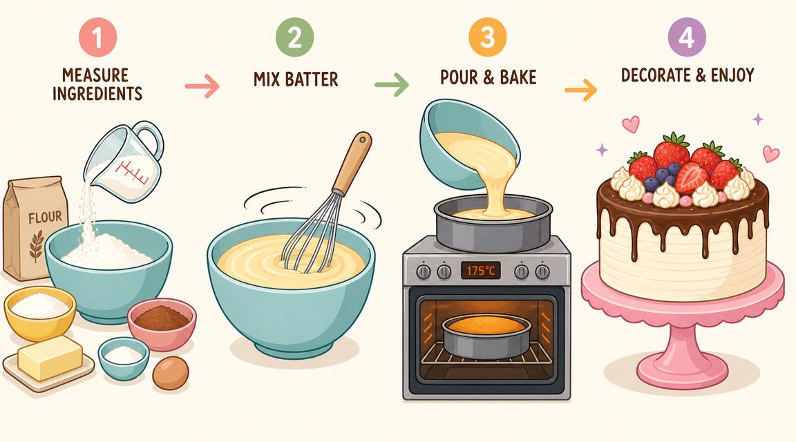 An infographic showing the four steps of baking a cake from measuring ingredients to decorating.