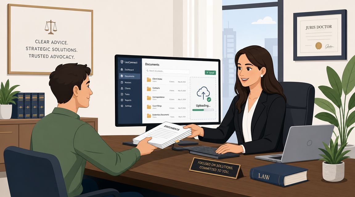 A professional lawyer receiving a stack of documents from a client in a modern law office setting.