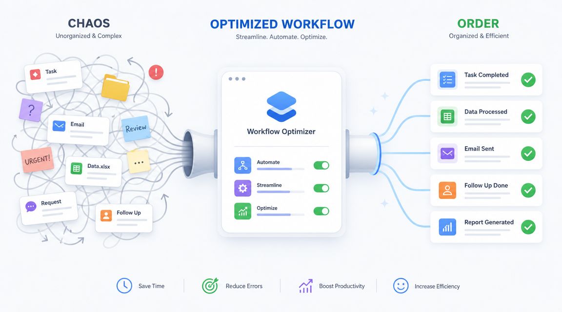 A diagram illustrating how chaotic, disorganized tasks are transformed into an efficient, streamlined workflow using automation.