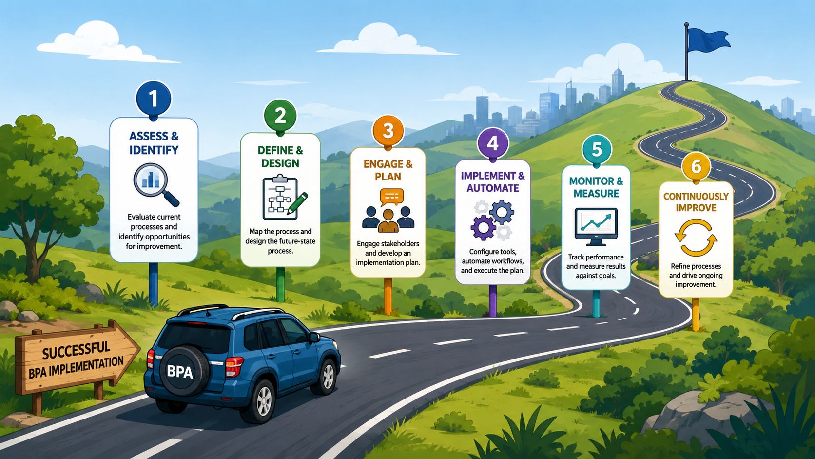 An infographic showing a six-step roadmap for successful business process automation using a car journey theme.