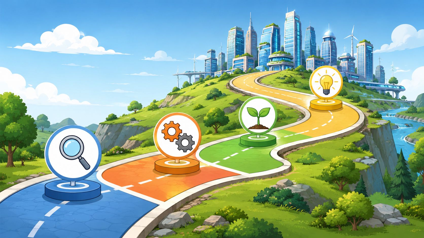 A scenic path winding towards a futuristic city featuring icons representing business process improvement stages.