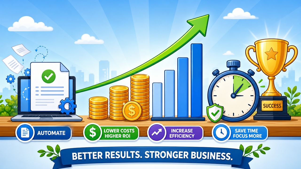 A graphic illustrating how document automation leads to lower costs, increased efficiency, time savings, and business success.