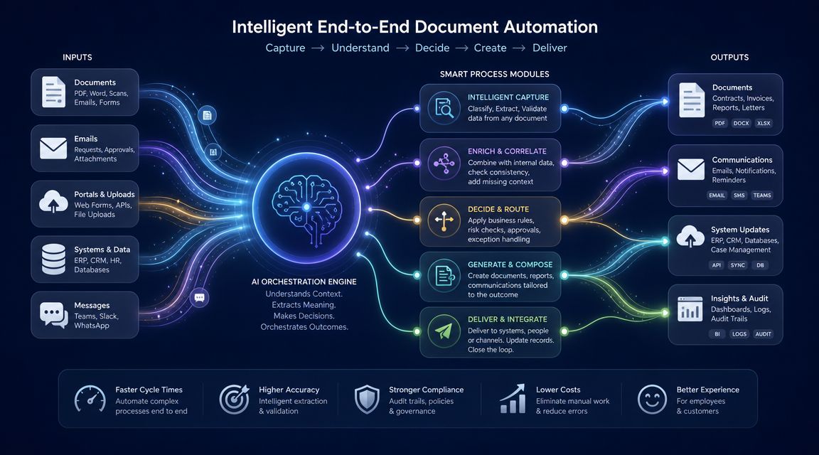 A diagram illustrating an intelligent end-to-end document automation platform featuring inputs, AI orchestration engine, and outputs.