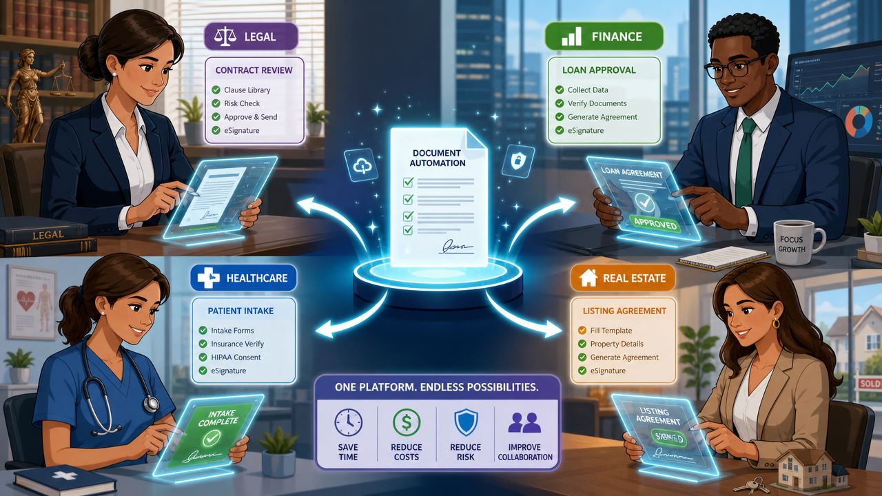 A conceptual diagram showing how document automation streamlines workflows across legal, finance, healthcare, and real estate industries.