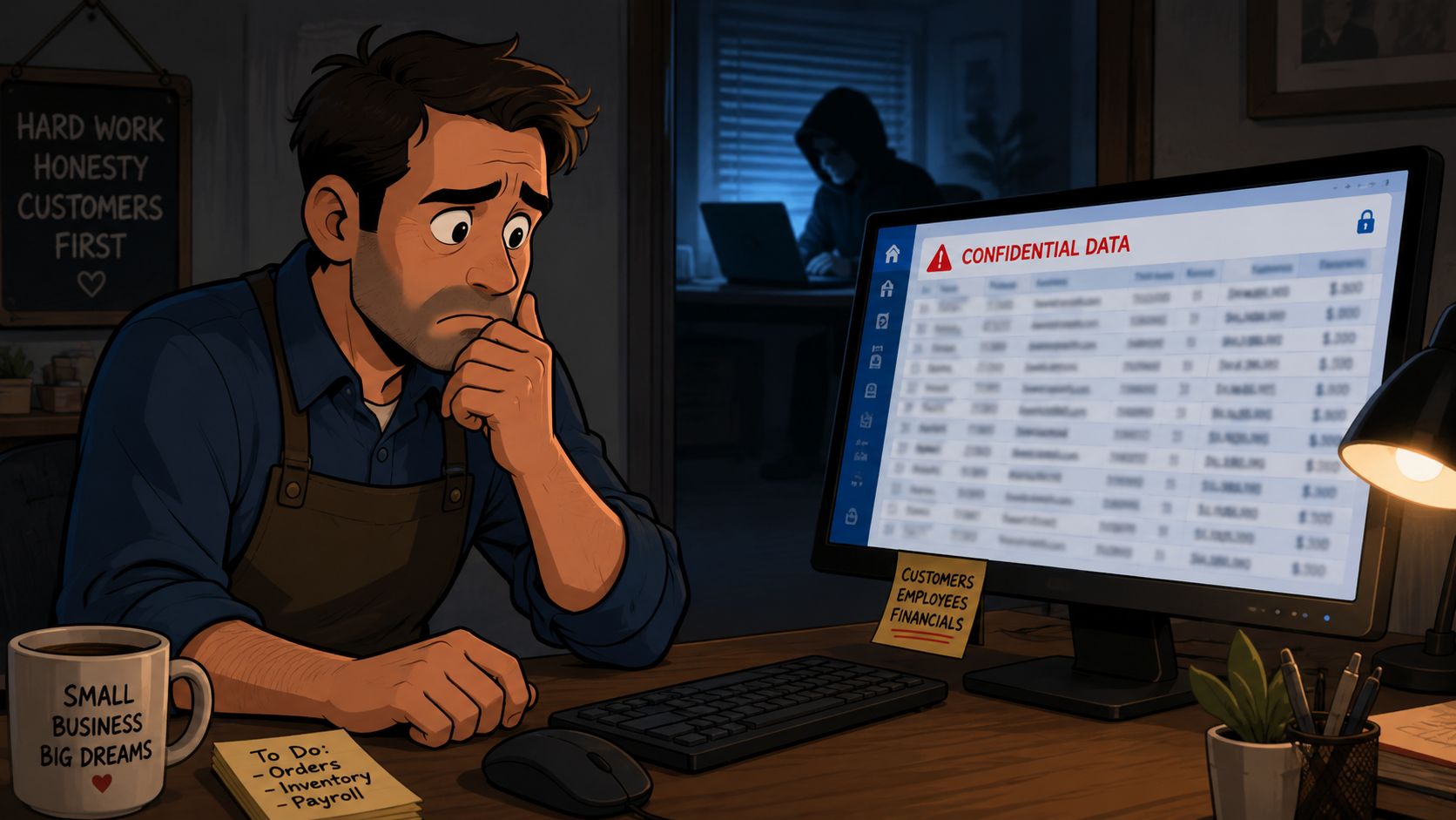 A concerned business owner works at a desk while a shadowy hacker lurks in the background behind him.