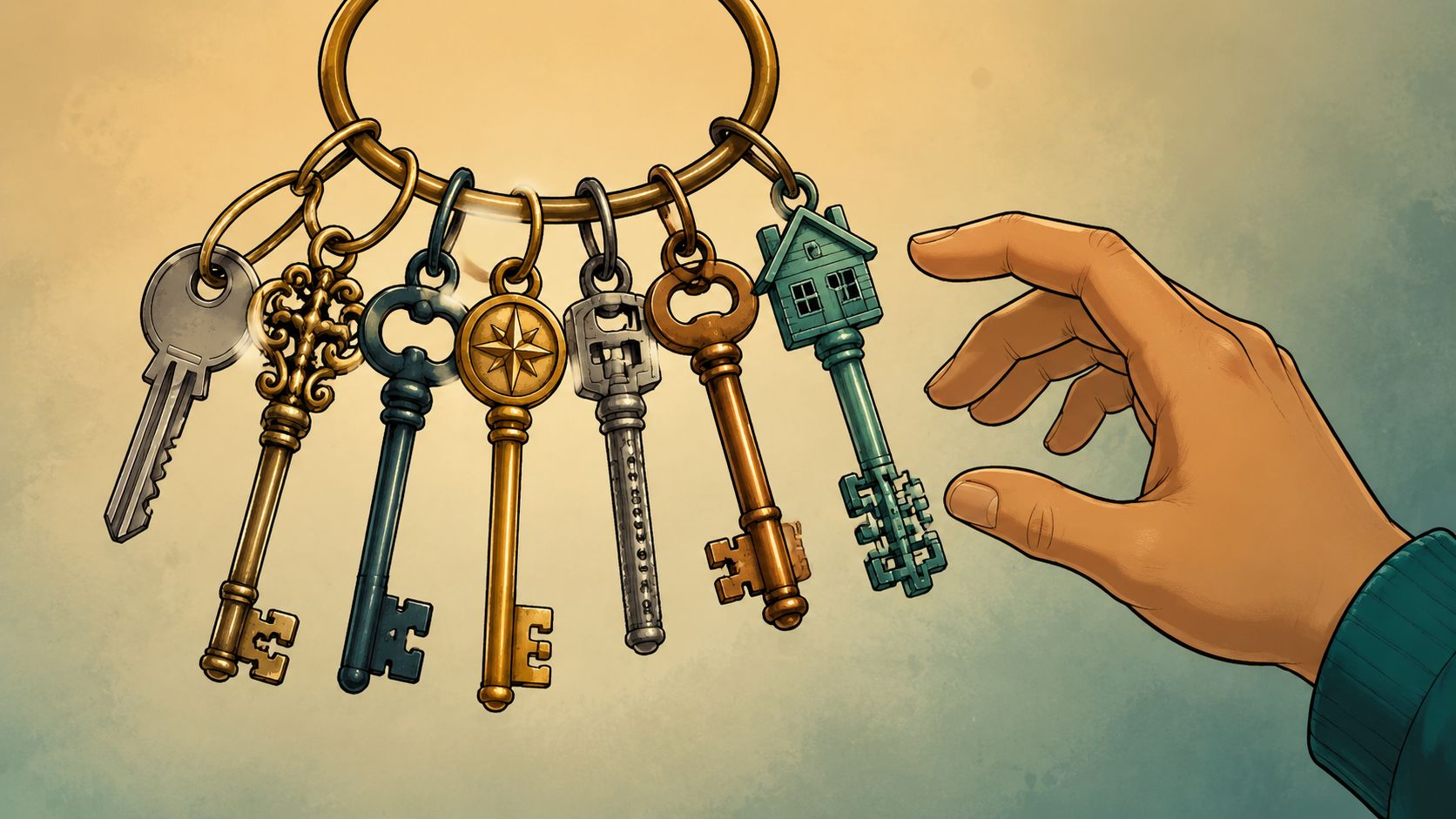 A hand reaching towards a keyring containing various decorative antique keys and a house-shaped key.