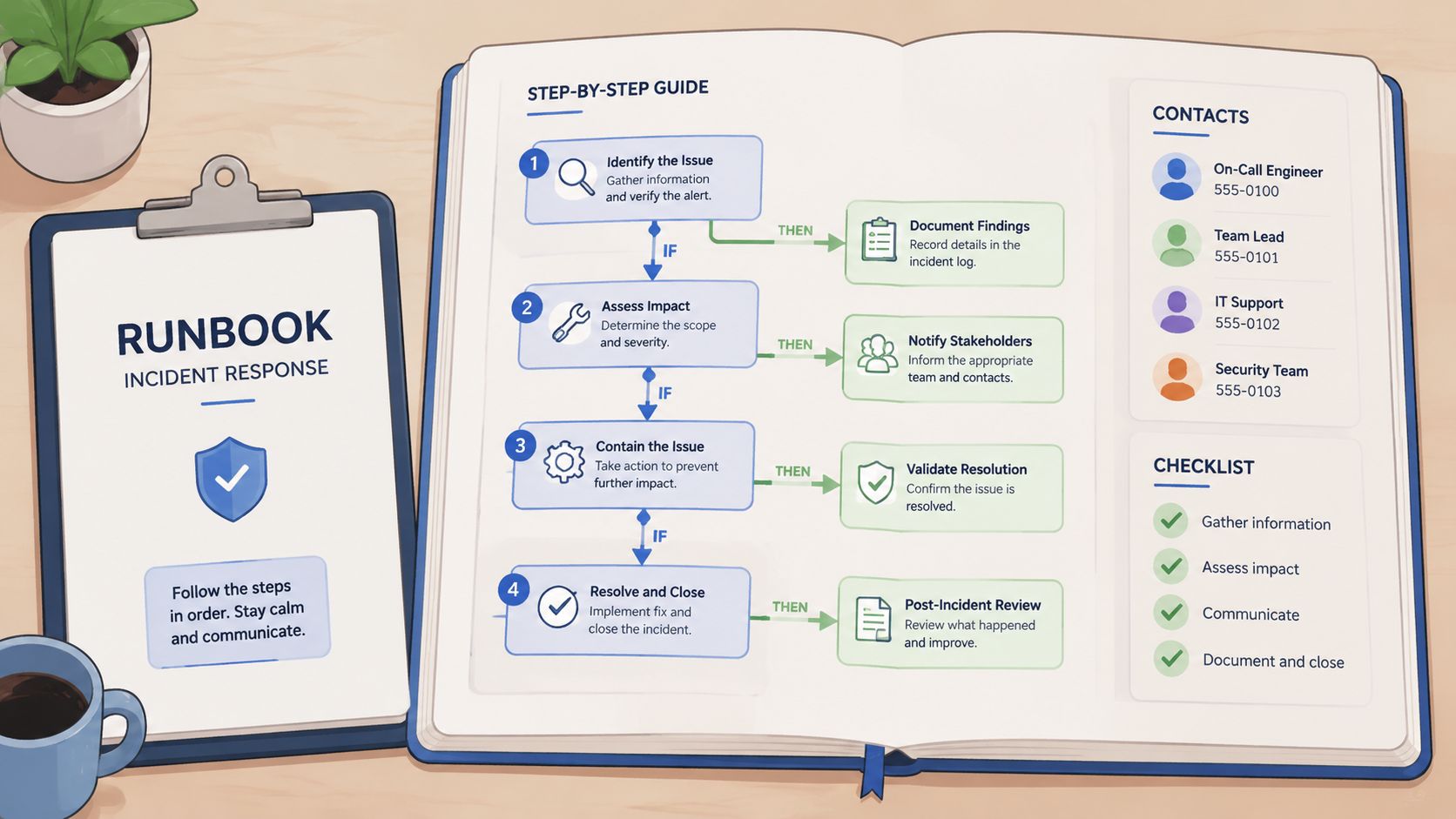 An illustrated incident response runbook guidebook featuring a step-by-step flowchart, contact list, and task checklist.