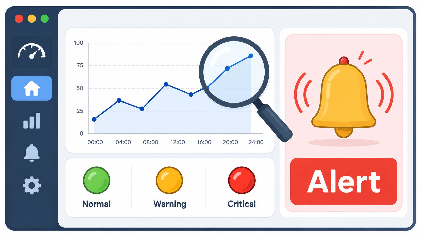 A digital monitoring dashboard featuring a line graph under a magnifying glass and an alert notification bell.