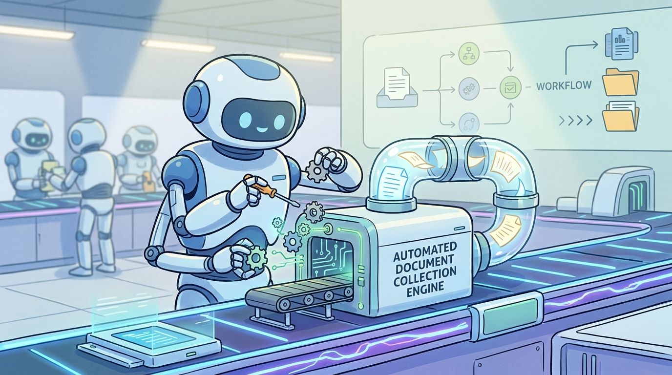 A friendly robot working on an automated document collection engine in a high-tech robotic assembly factory.