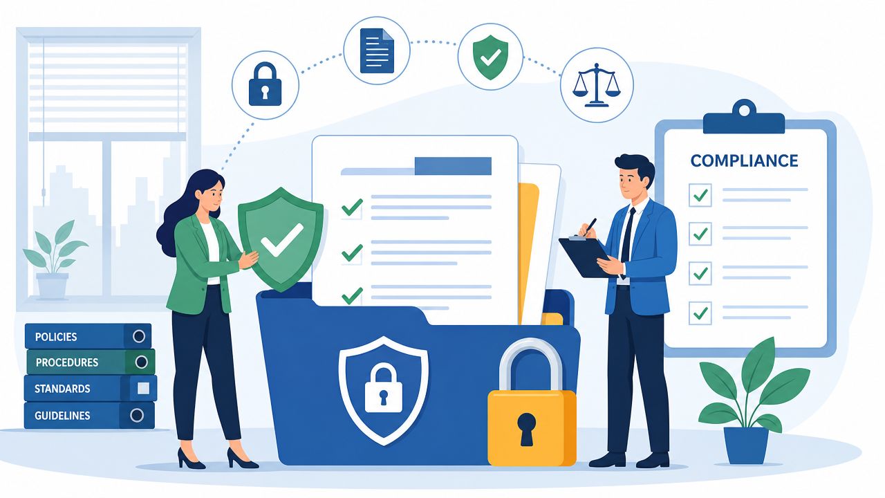 A professional woman and man reviewing business documents and compliance checklists in a secure office environment.