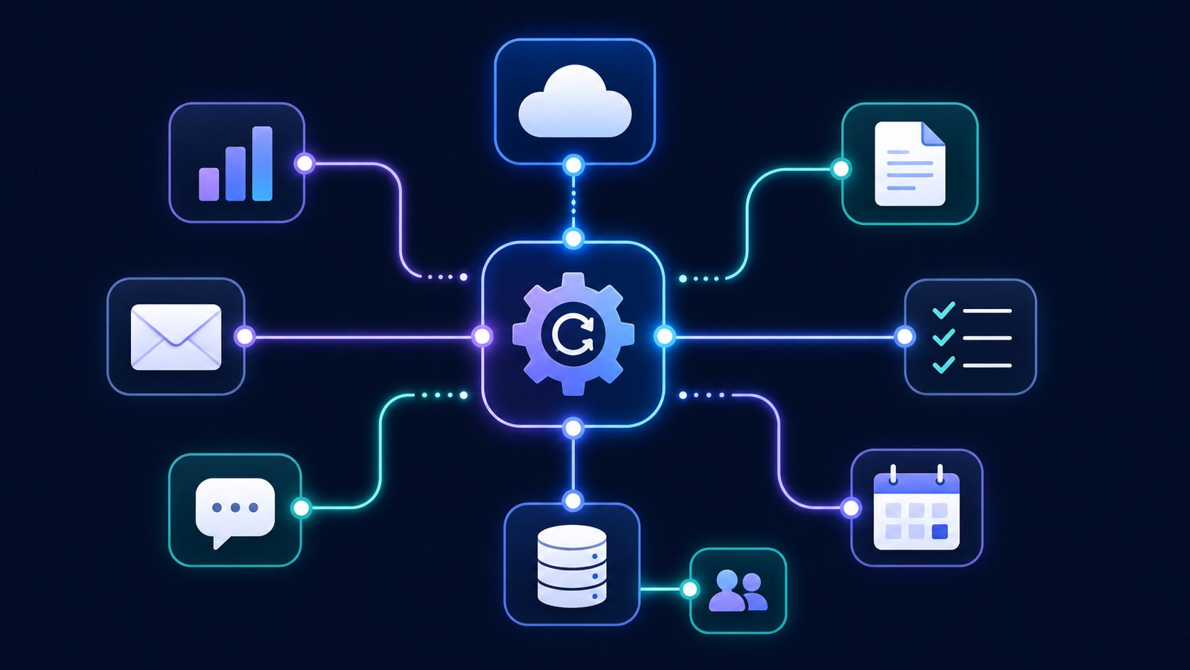 A digital graphic showing a central gear icon connected to various business icons representing data management systems.