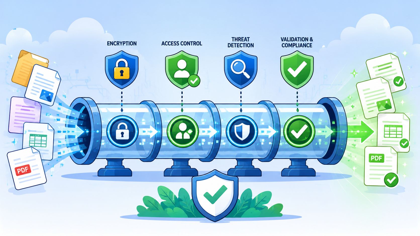 A digital pipeline illustration showing documents being processed through encryption, access control, threat detection, and compliance stages.