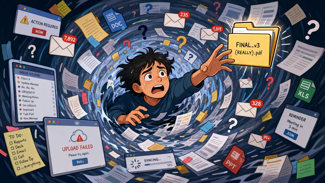 An overwhelmed person struggling to reach a final file while drowning in digital documents and emails.