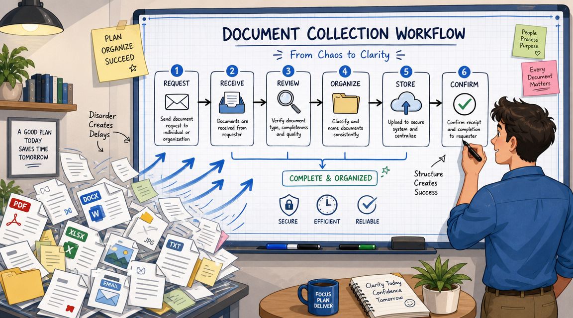 A professional man drawing a six-step document collection workflow process on a large office whiteboard.