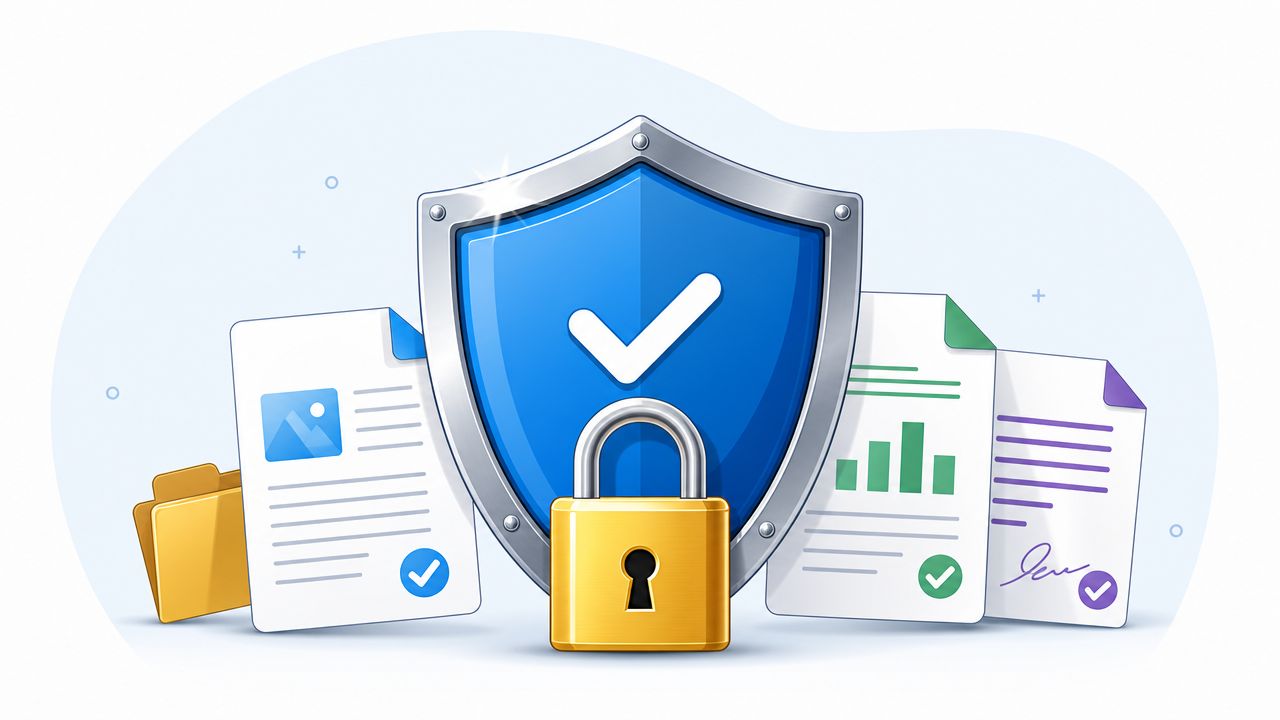 A 3D shield with a checkmark, a padlock, and various documents representing secure document collection.