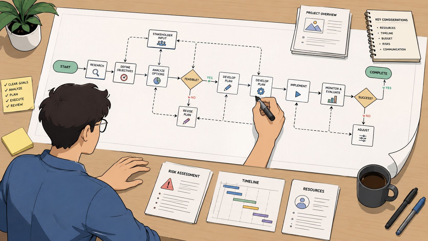 A person sketching a professional project management process flowchart on a large paper workspace from above.