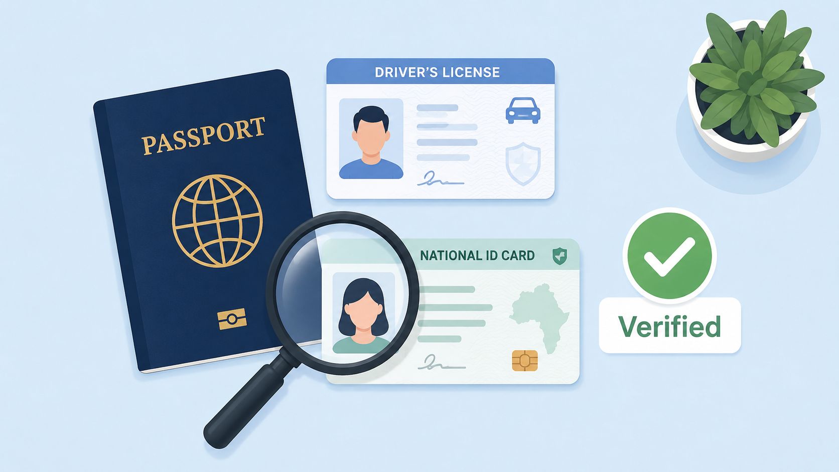 A passport, driver's license, and national ID card displayed with a magnifying glass and verified checkmark.