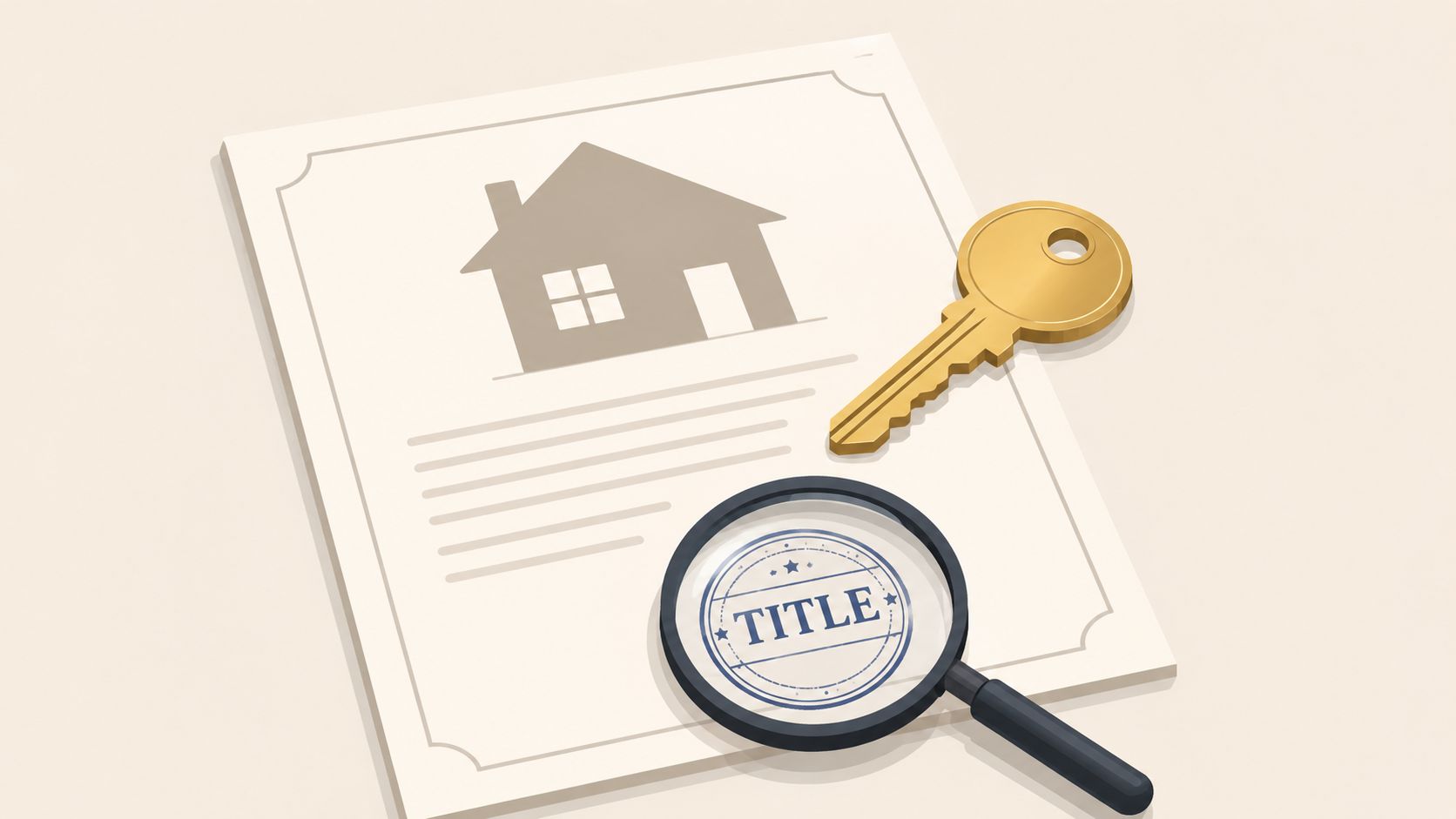 A document with a house icon and a key underneath a magnifying glass revealing the word title.