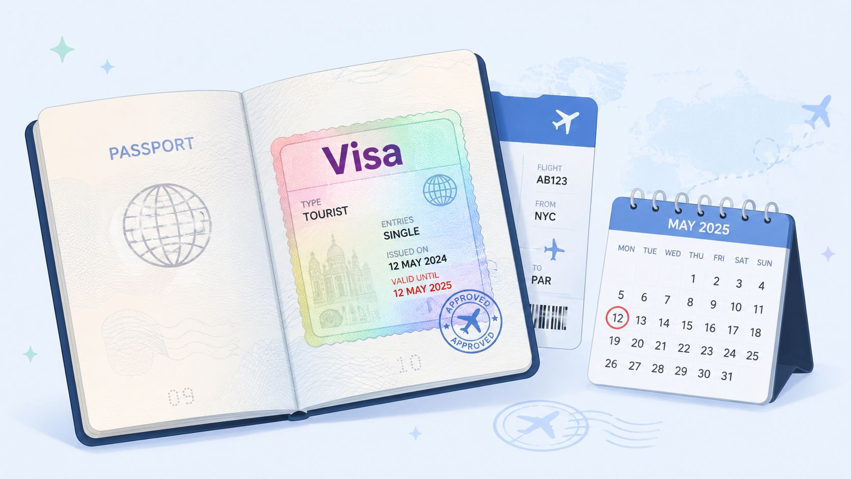 An open passport with a tourist visa, a flight ticket, and a calendar marked with May 12th.
