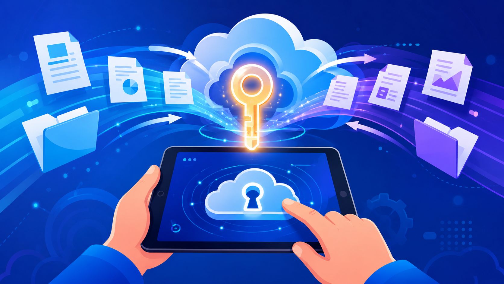 A digital illustration showing hands using a tablet to manage cloud storage data security with an encryption key.