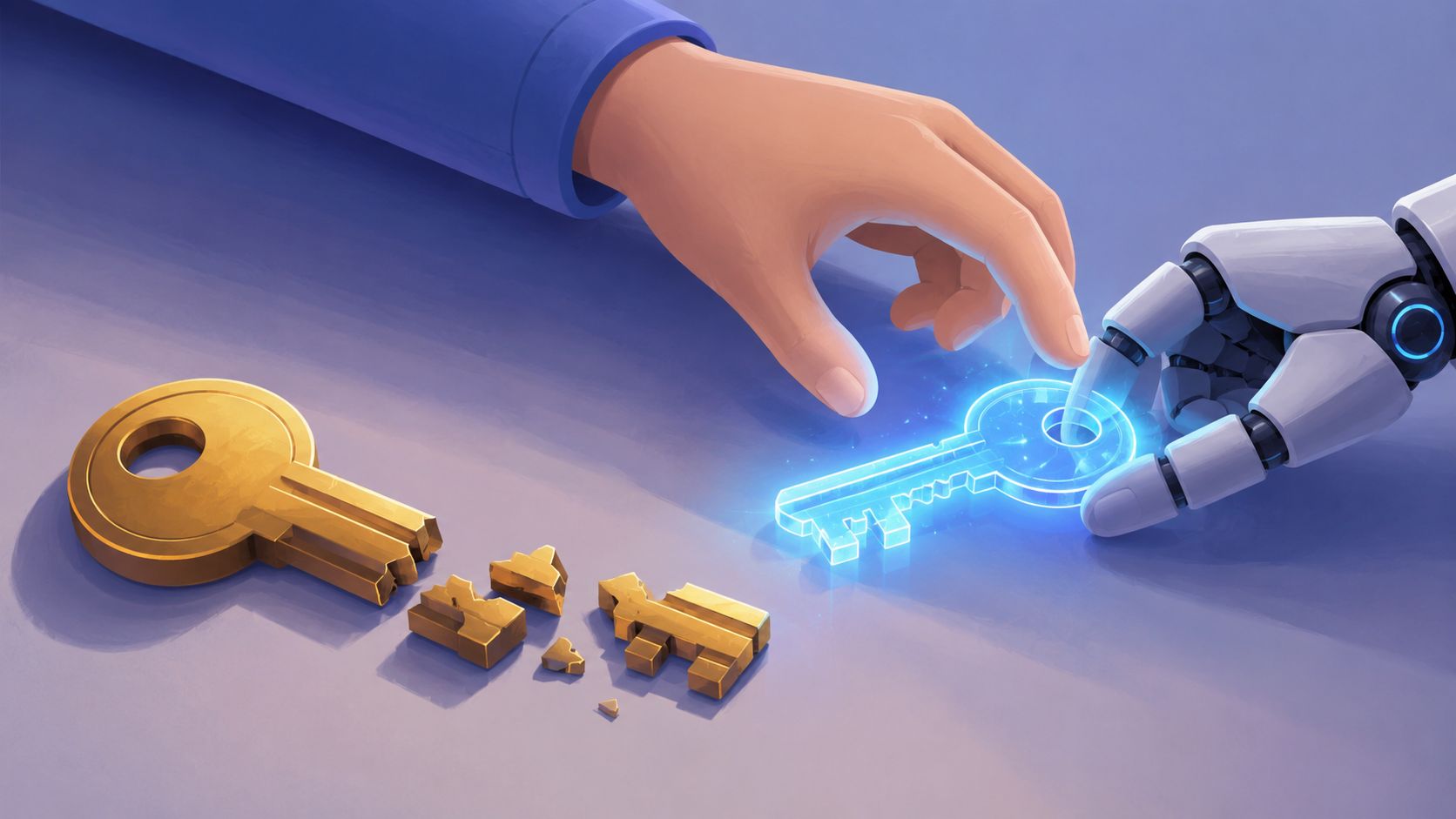 A human hand and a robotic hand touching a digital holographic key next to a broken key.