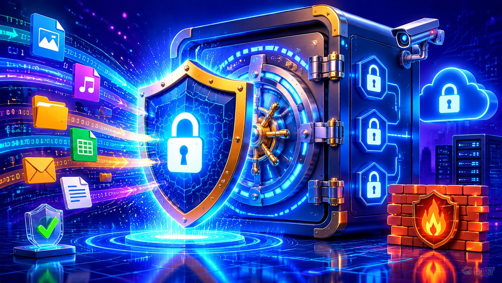 A digital vault protected by a glowing shield, representing secure data storage and advanced cybersecurity solutions.