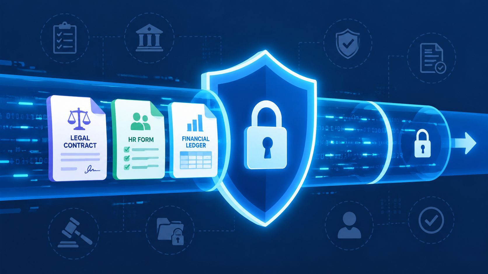 A digital representation of secure document processing featuring a shield icon, padlock, and various file types.