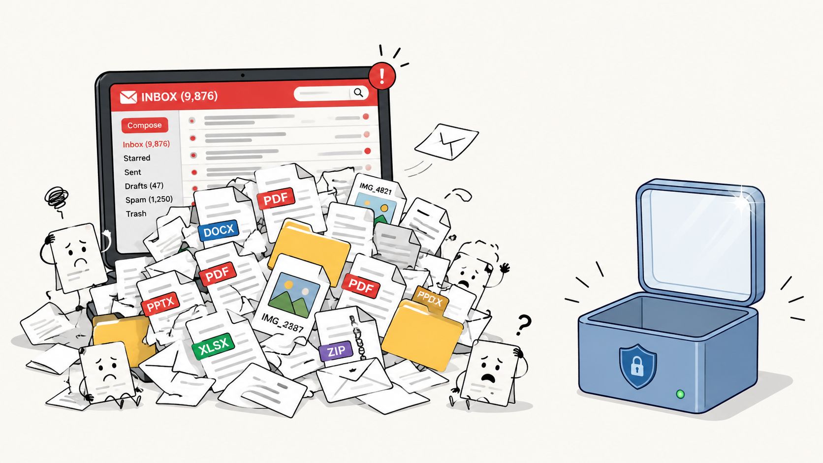 A chaotic pile of digital files and folders cluttered in front of a computer, beside a secure vault.