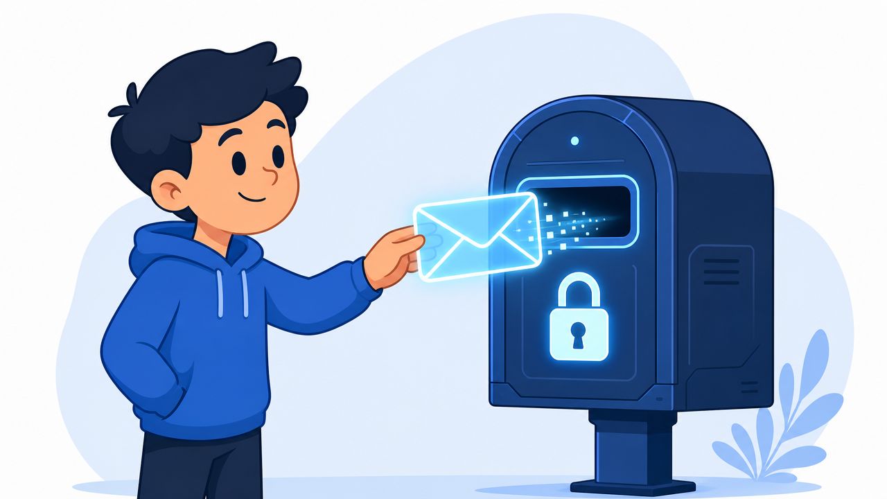 A cartoon boy sending a glowing blue digital email into a secure, locked high-tech mailbox.