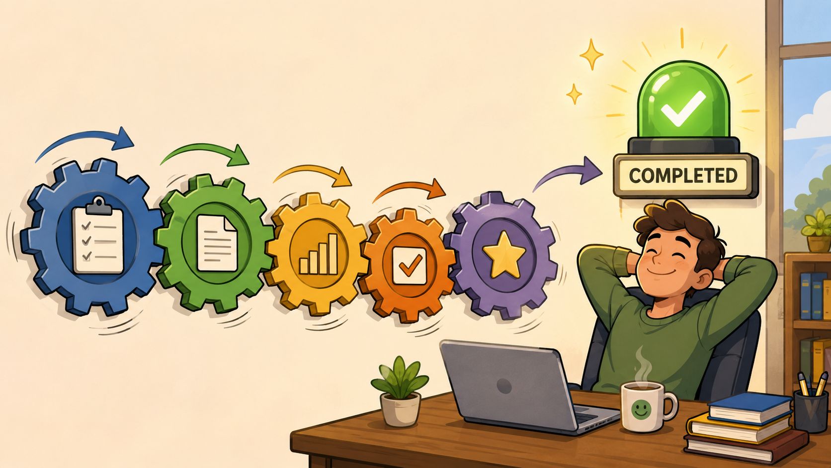 A relaxed worker sits at a desk with a process workflow of colorful gears showing completion.