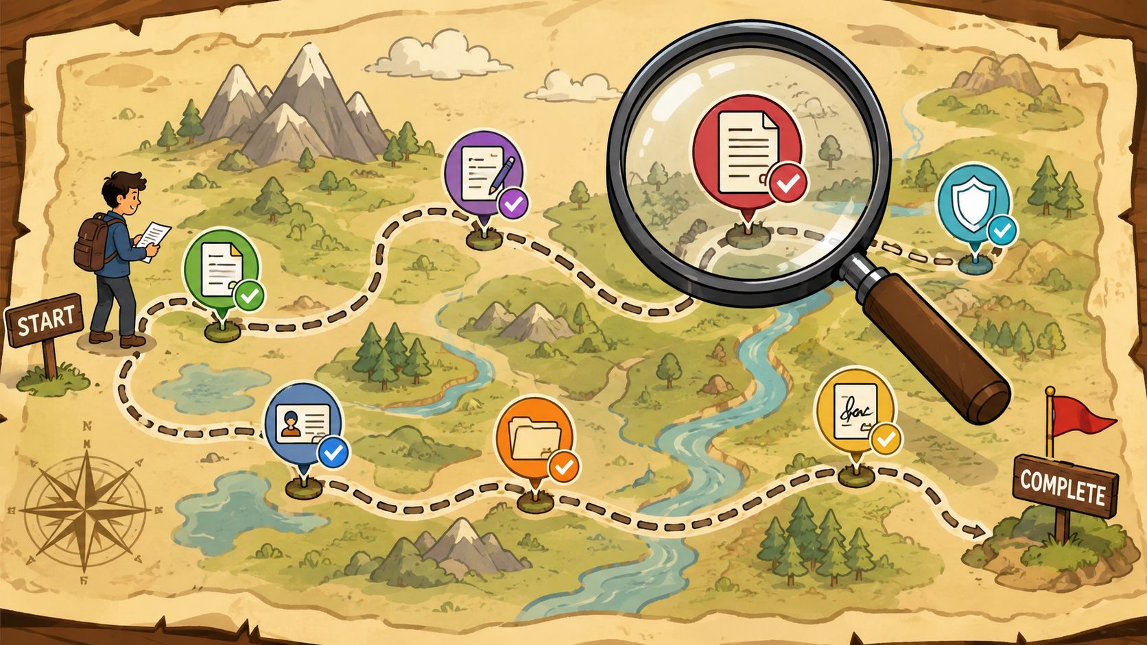 A hand-drawn style map with a path showing steps to improve client experience, featuring icons and a magnifying glass.