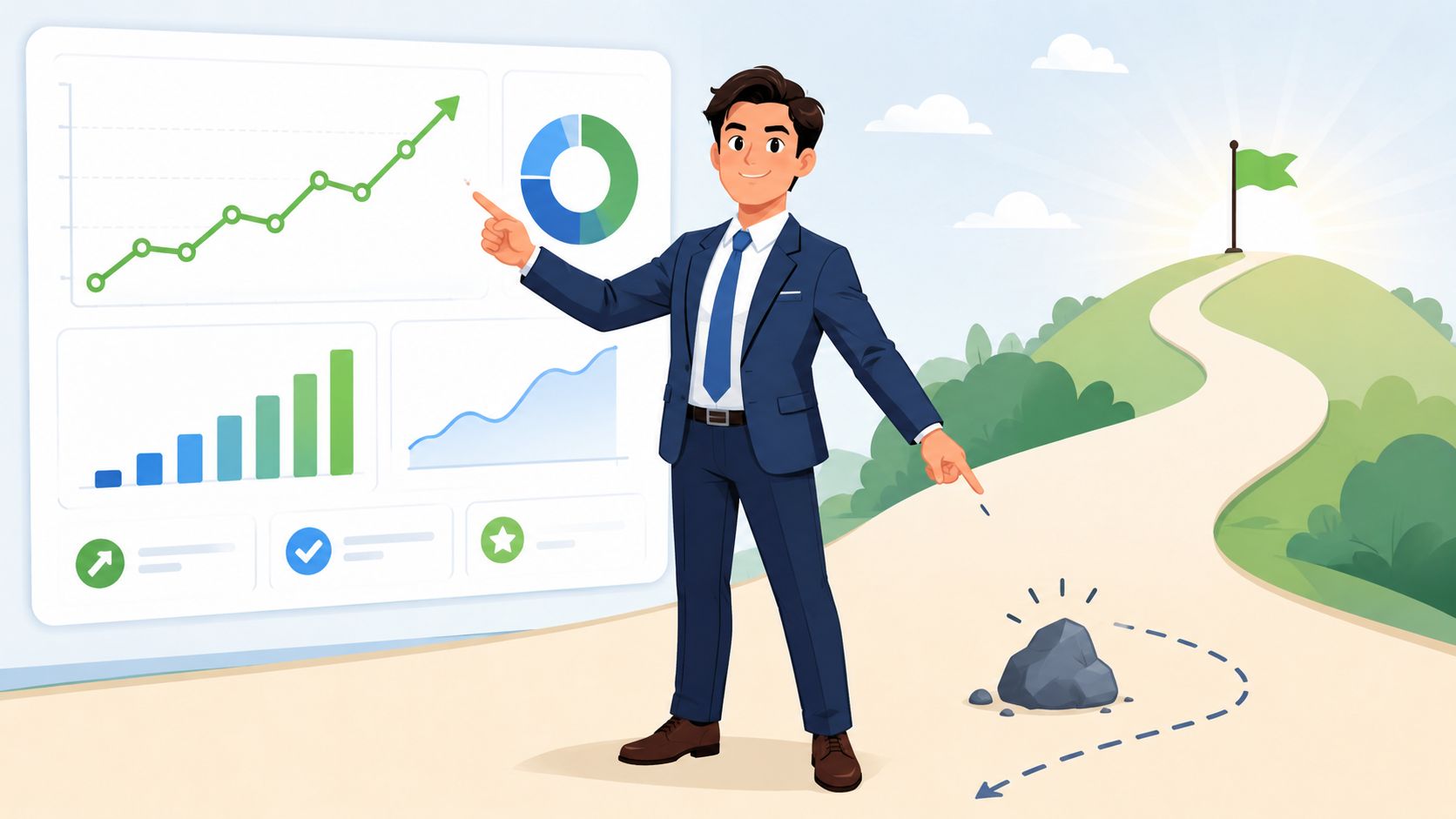 A professional man in a suit pointing to growth charts and a stone obstacle on the path.