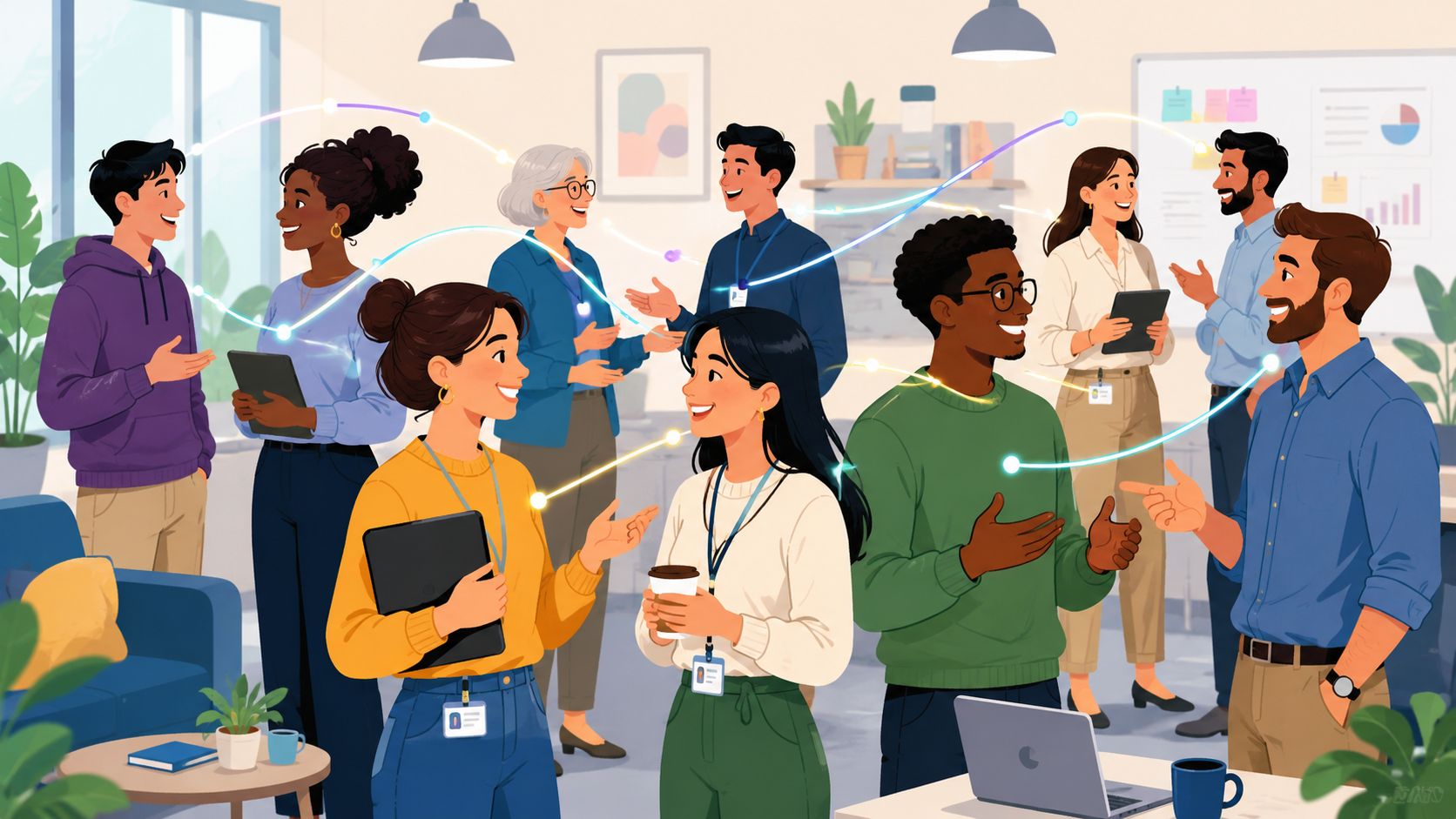 A diverse group of professional colleagues collaborating in a bright, modern office workspace during onboarding.