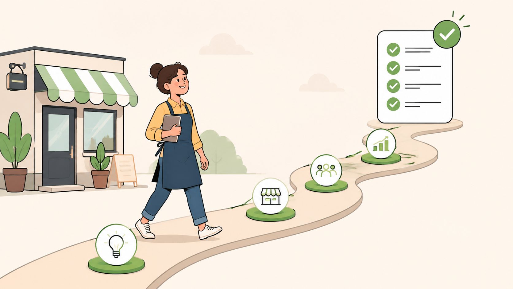 A businesswoman walks along a path representing steps of business growth towards a successful checklist completion.