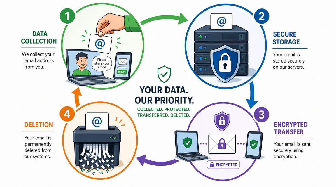 An infographic illustrating the four-step data lifecycle process of collecting, storing, transferring, and deleting email addresses.