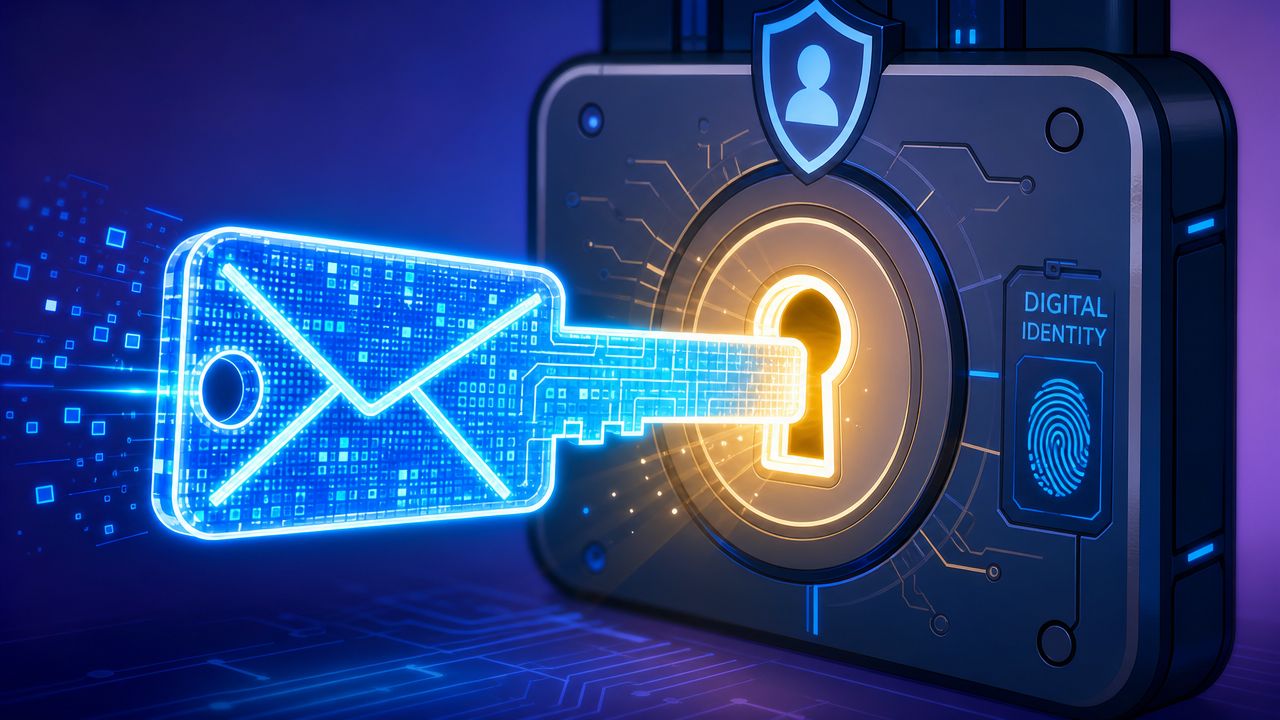 A digital key shaped like an envelope unlocking a high-security lock representing digital identity protection.