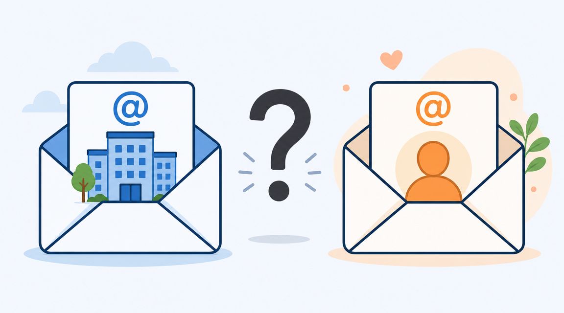 A graphic illustration comparing a business email address and a personal email address with a question mark.