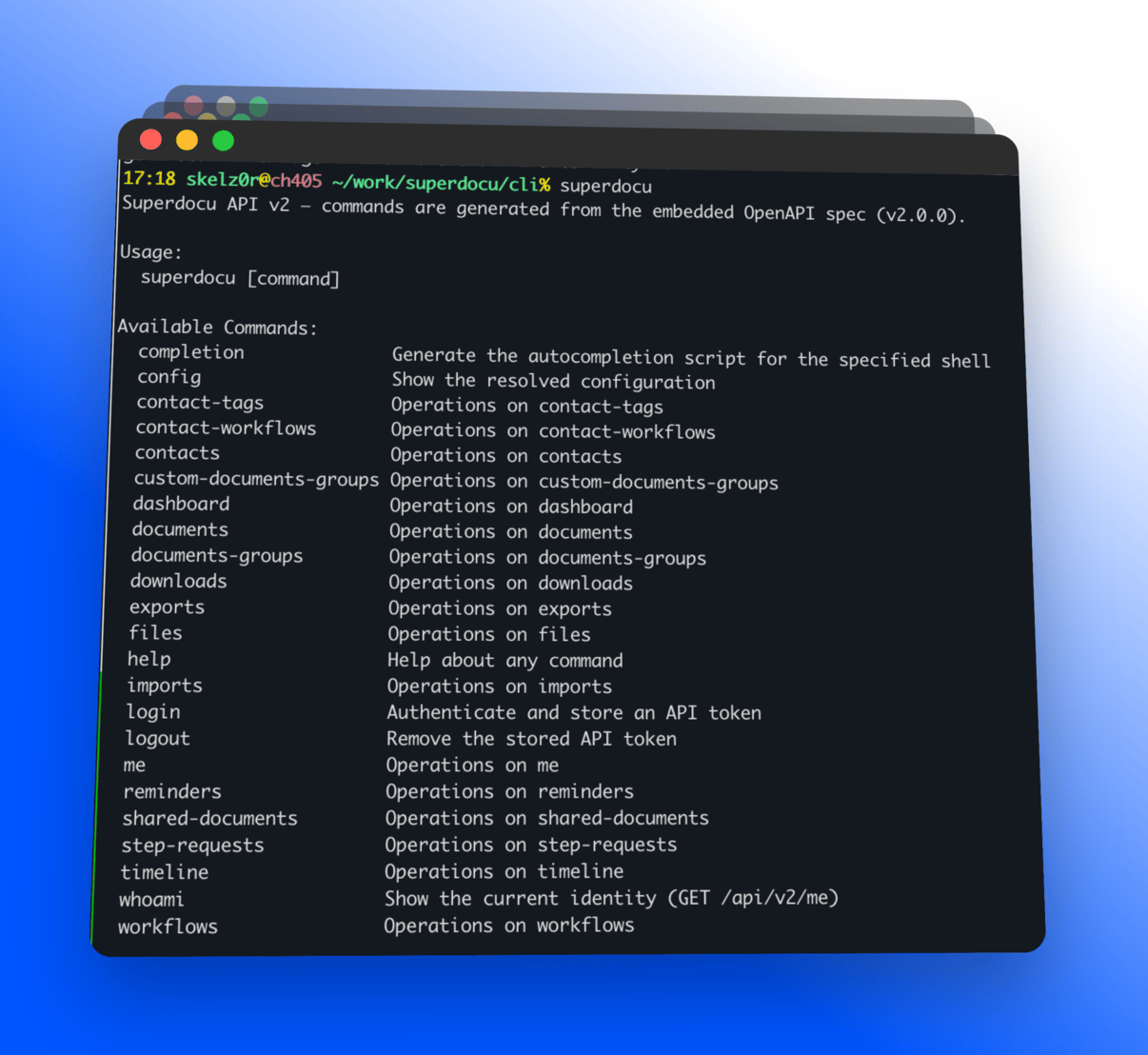 Superdocu CLI terminal showing available commands