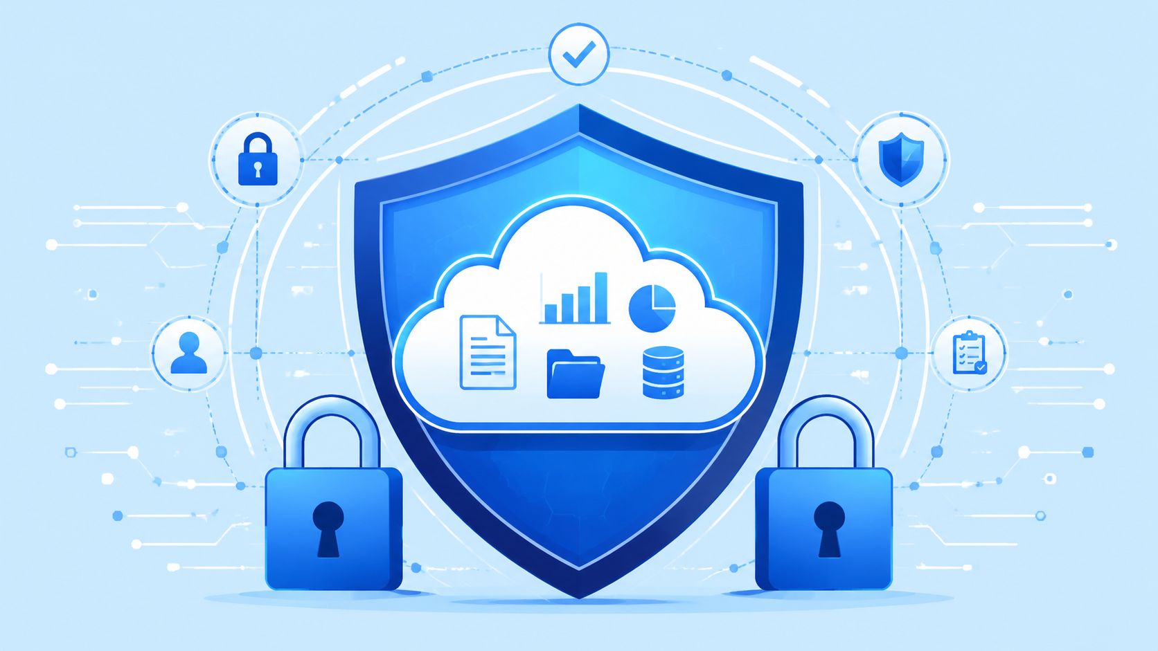 A digital illustration representing secure cloud storage with shield, padlocks, data icons, and network connection elements.