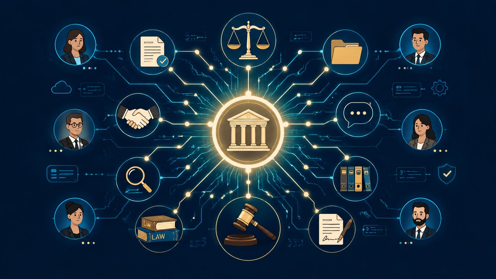 A digital graphic depicting legal case management software connecting diverse professionals with legal icons and symbols.