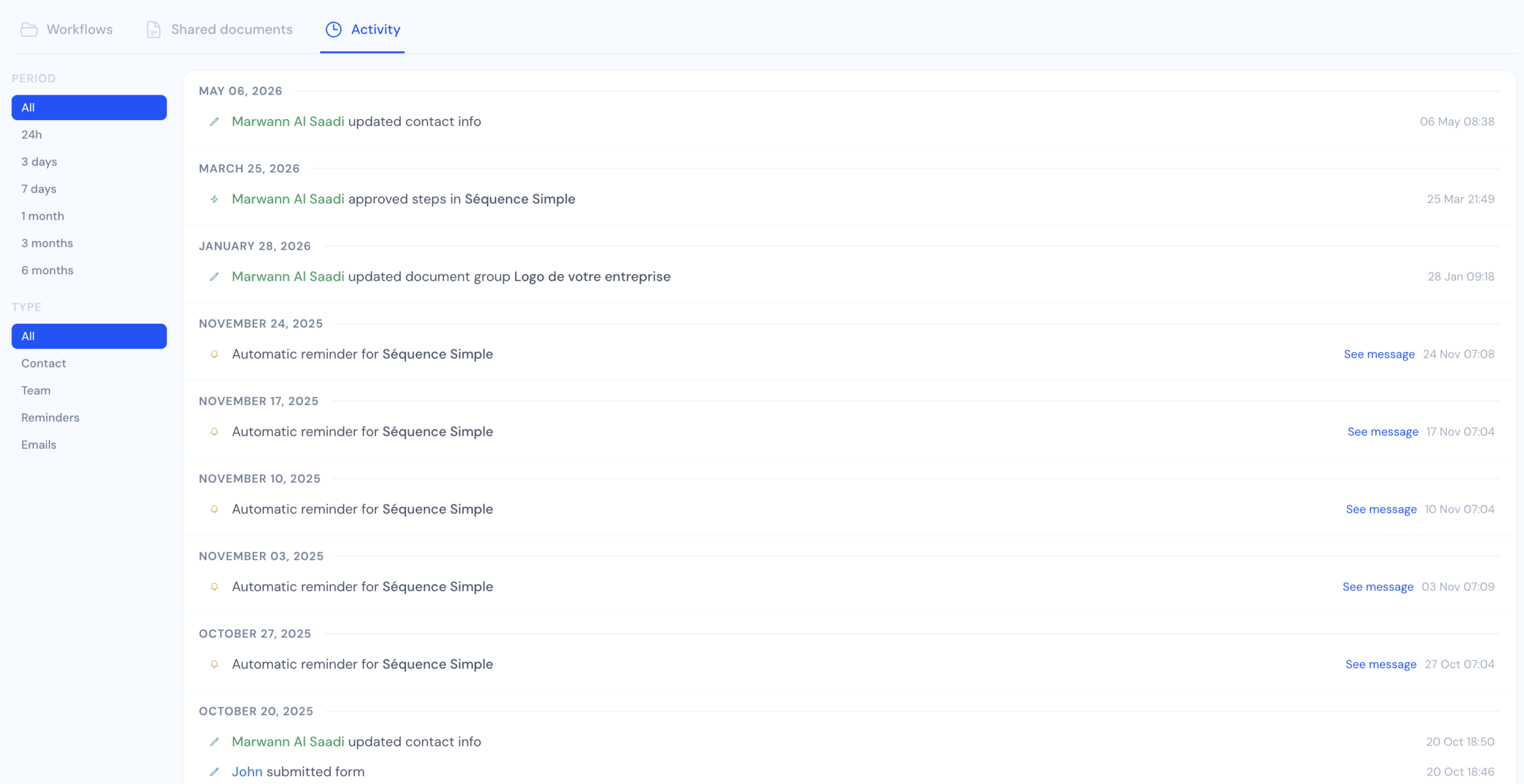 Superdocu contact activity tab showing full audit trail