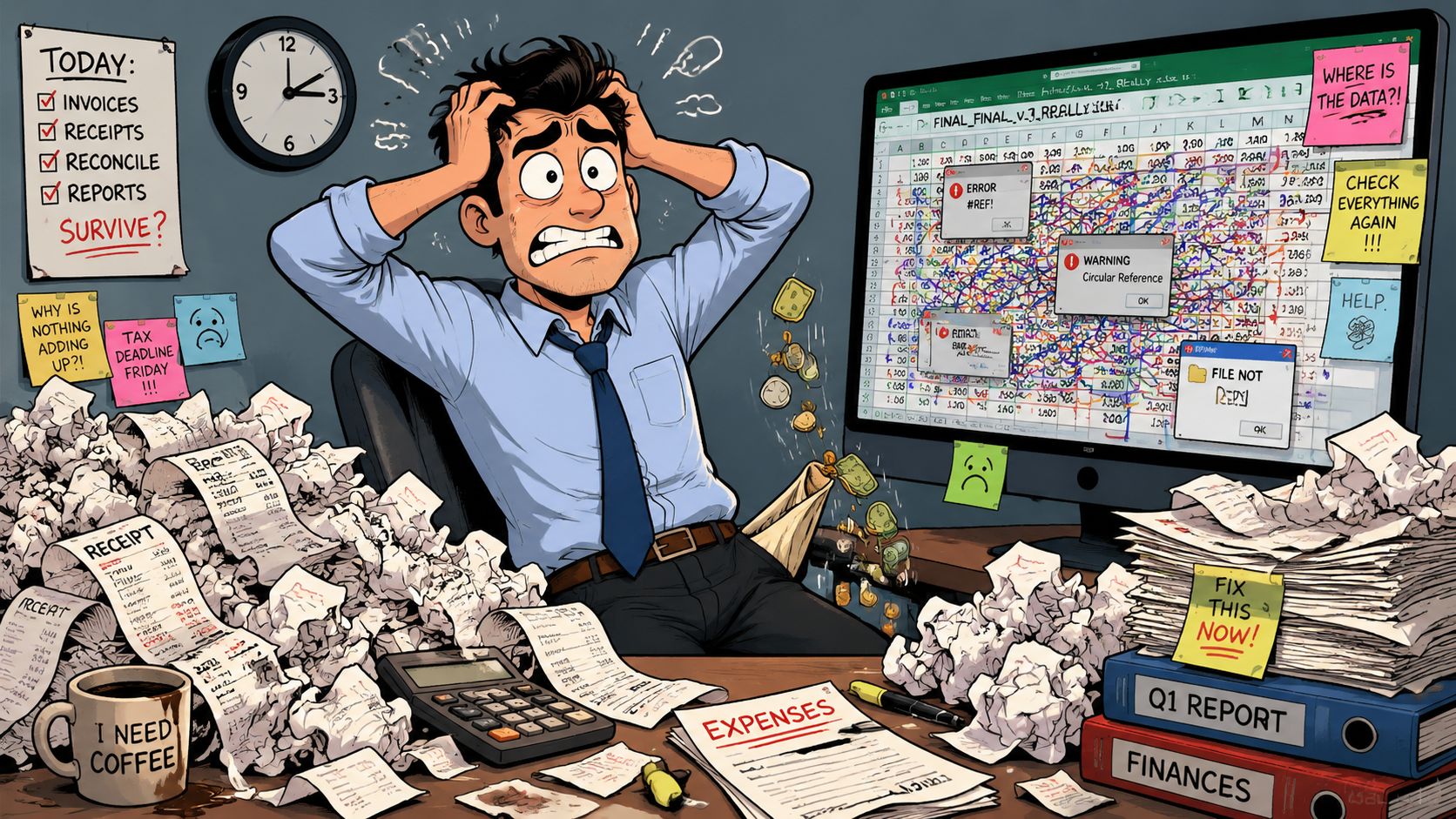 A stressed accountant overwhelmed by chaotic financial paperwork, messy spreadsheet errors, and a looming tax deadline.