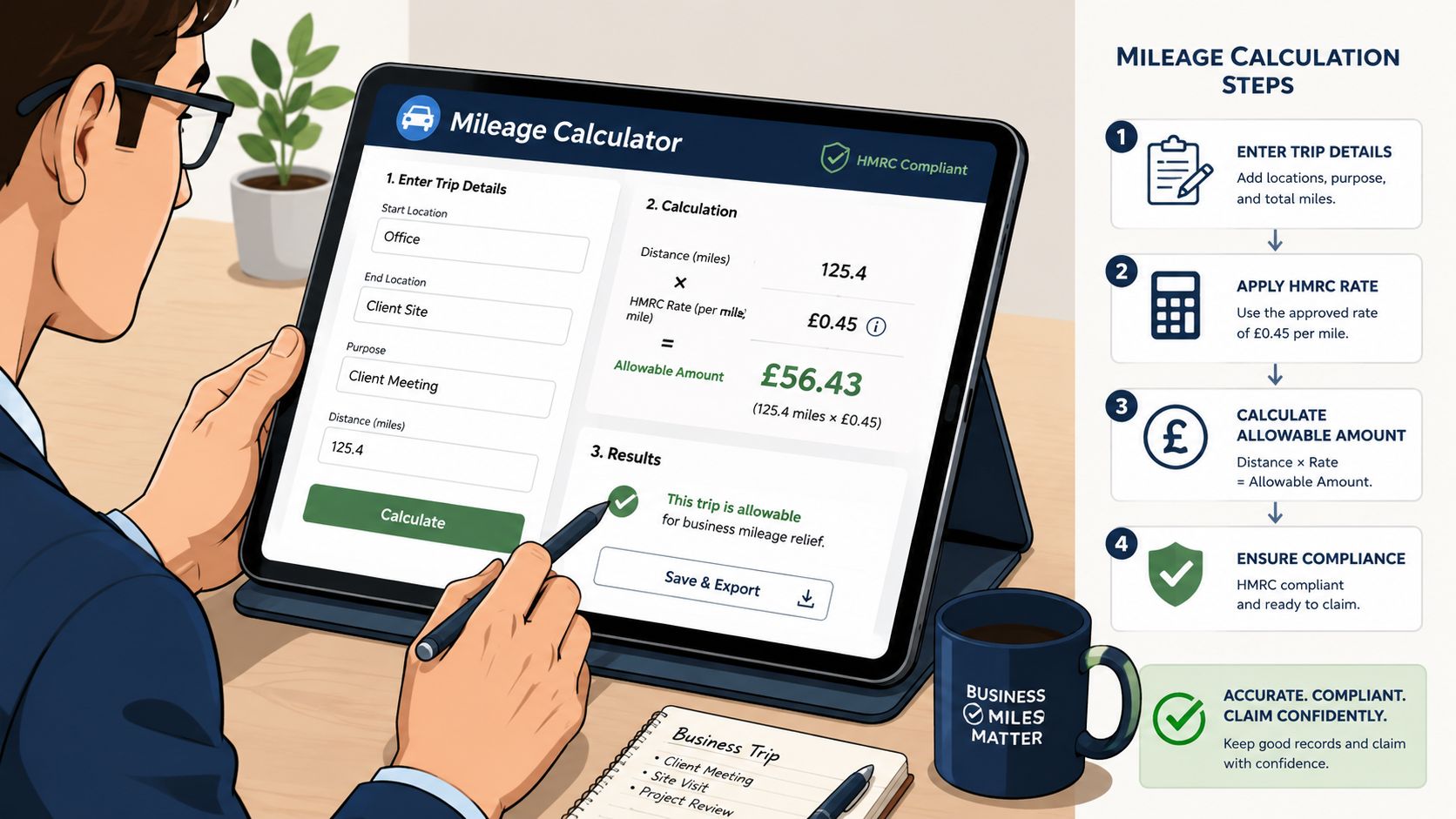 A professional using a digital mileage calculator tablet to determine tax-deductible business travel expenses.