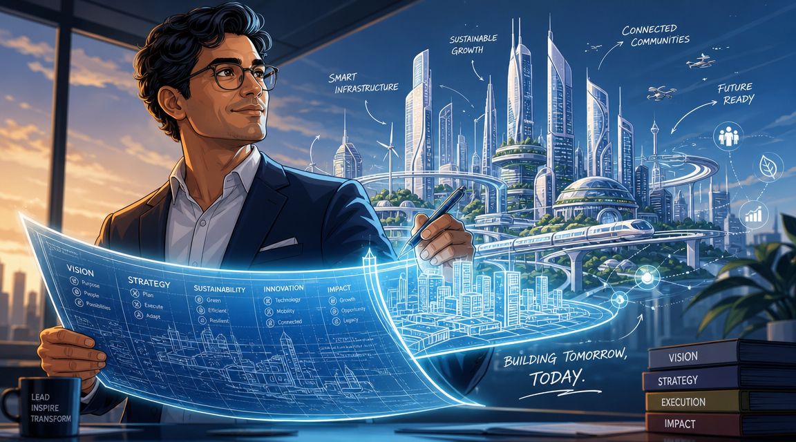 A professional architect looking at a digital blueprint of a futuristic smart city for urban planning development.