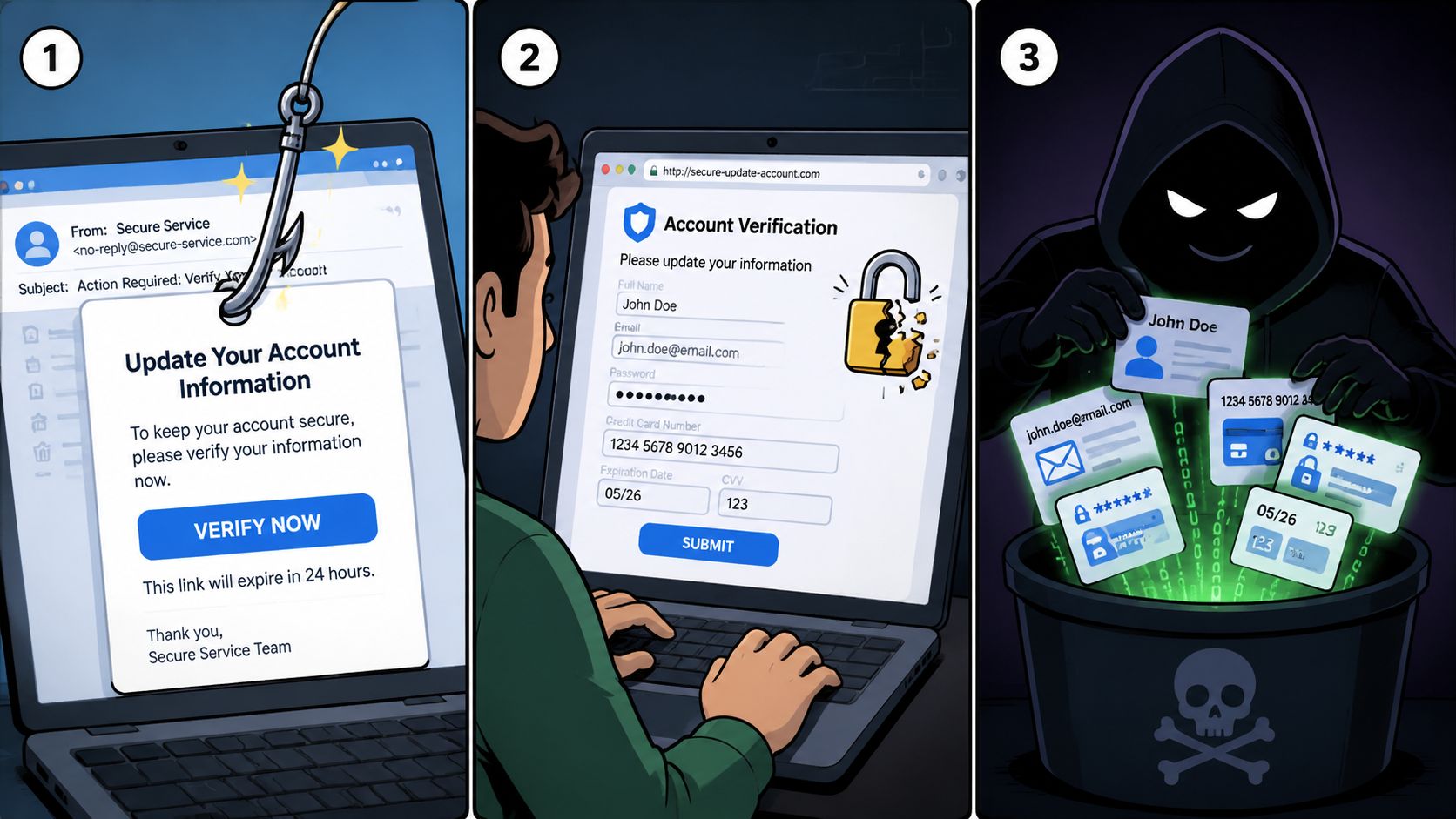 A three-step illustration showing how phishing scams steal personal credentials and credit card information from users.