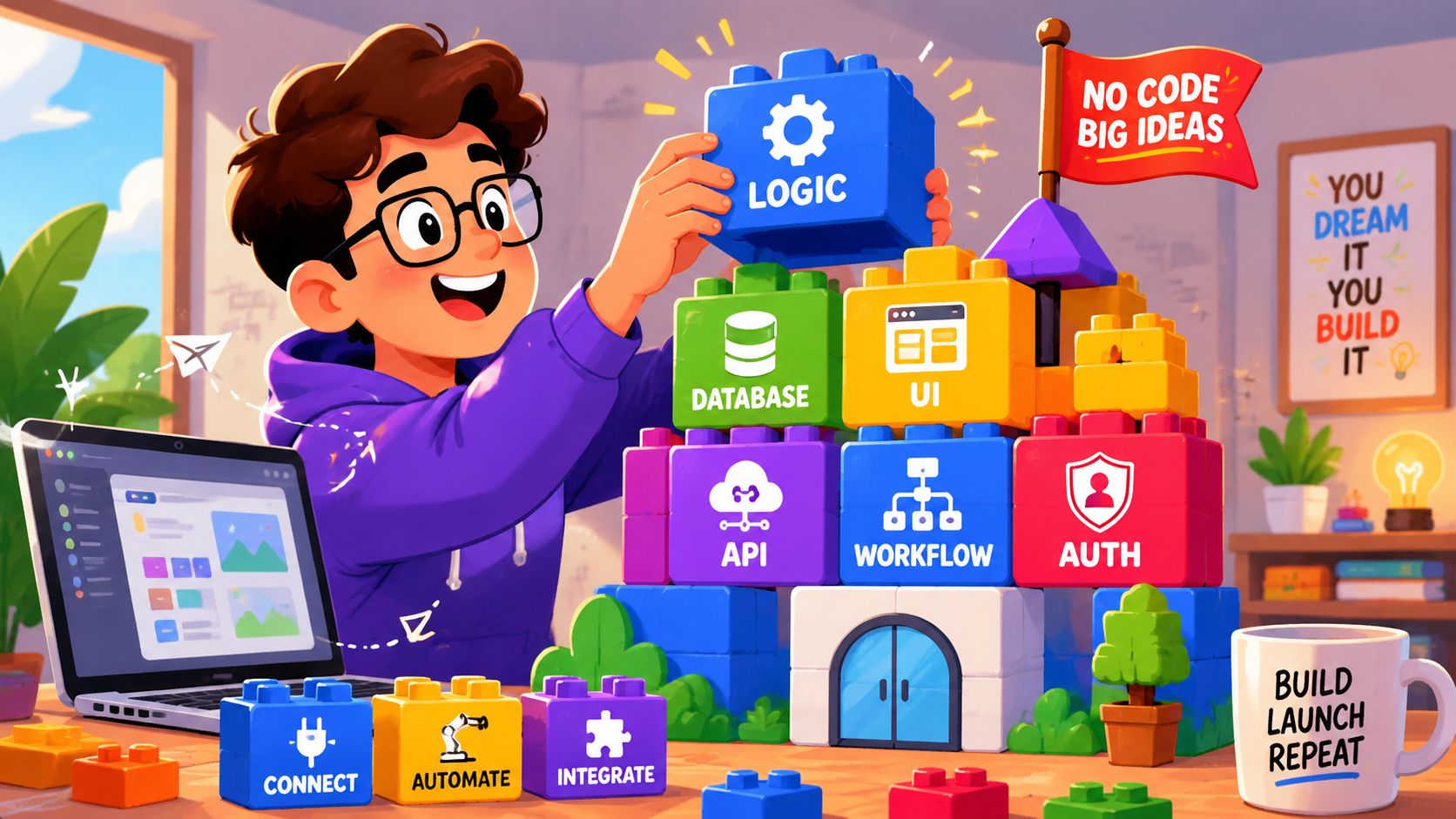 A young developer building a digital project using colorful construction blocks representing various no-code software development components.