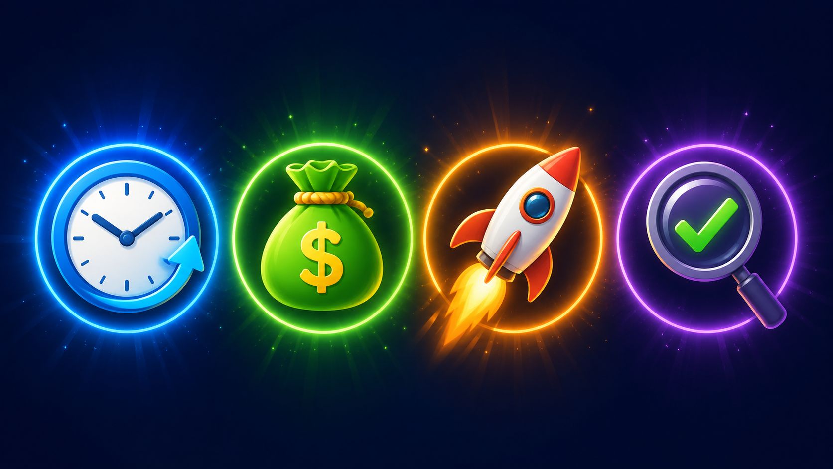 A conceptual graphic illustrating steps in no-code workflow automation with icons for time, money, speed, and validation.