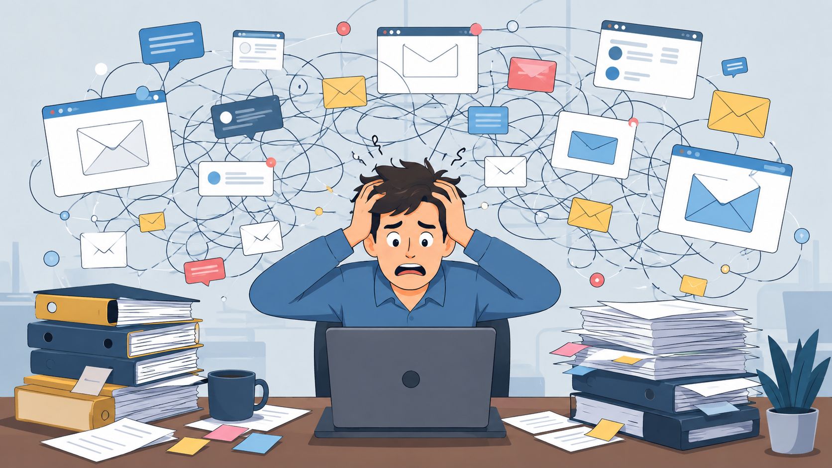 A stressed office worker overwhelmed by excessive digital emails, messages, and stacks of paper documents.